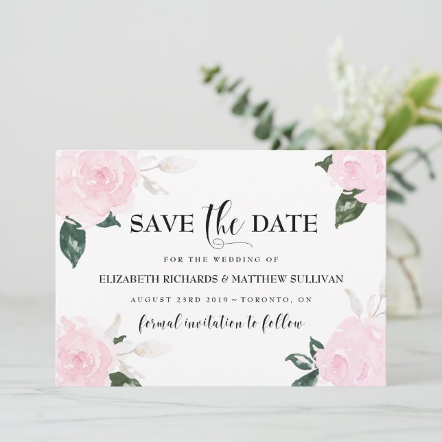 Süßrosa Rose Save the Date Foto (Stehend Vorderseite)