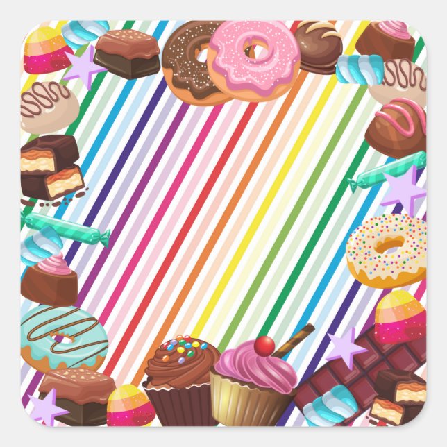 Süßspeise, Schokolade, Essen, Donuts, Regenbogente Quadratischer Aufkleber (Vorderseite)