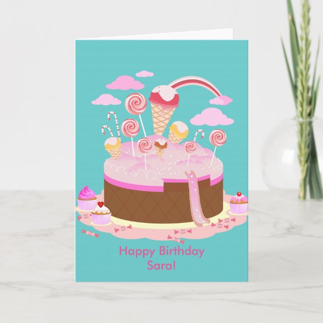 Süßwaren und Schokoladenkuchen zum Geburtstag Karte (Vorderseite)