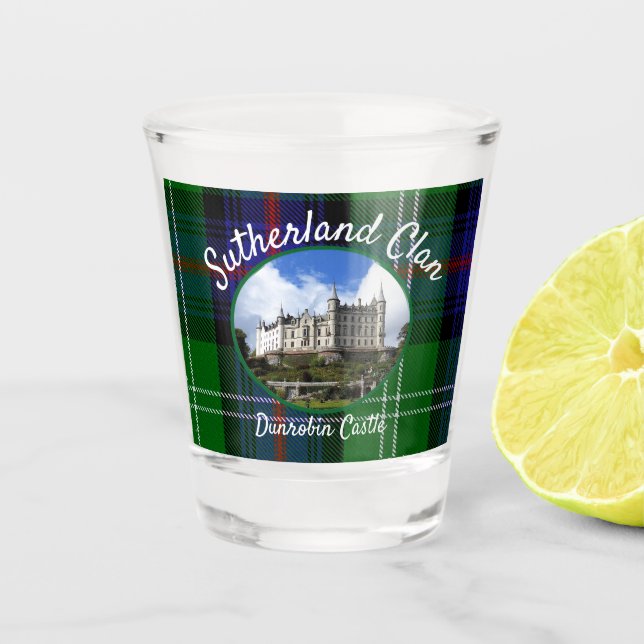 Sutherland Clan Tartan Dunrobin Castle Foto Schnapsglas (Vorderseite)