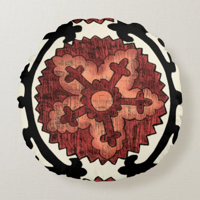 Suzani Art-dekoratives Blumenmuster Rundes Kissen (Vorderseite)
