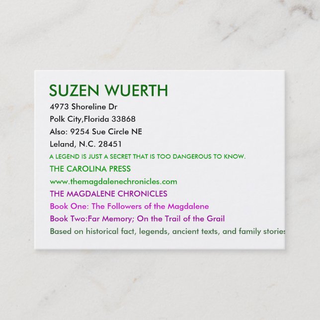 SUZEN WUERTH, 4973 Küstenlinie-Dr., Polk-Stadt, Visitenkarte (Vorderseite)