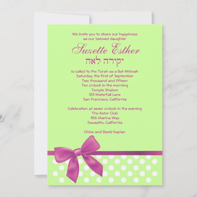 Suzette Bat Mitzvah Einladung Pink Limon Bow Dots (Vorderseite)