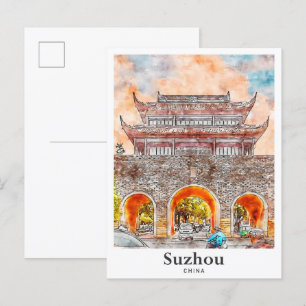 Suzhou China Reise Wasserfarbe Skizze Handgezeichn Postkarte