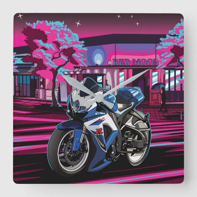 Suzuki GSX-R in Red Moon City Quadratische Wanduhr (Vorderseite)