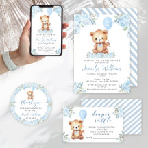 Cute blue teddy bear baby boy shower