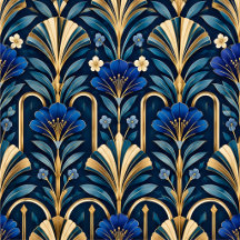 Art Deco Botanical Pattern- Sapphire Blue & Gold