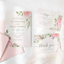 Pink Flowers Wedding Invitation Suite