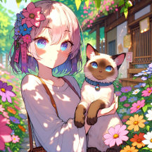 Anime Girl and Siamese Cat 