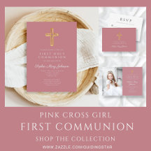 Pink Cross Girl First Communion Invitation Suite