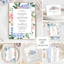 Dusty blue hydrangeas pastel pink roses 