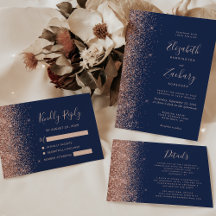 Rose Gold Glitter Elegant Script Navy Blue Wedding