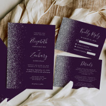 Silver Glitter Whimsical Script Purple Wedding