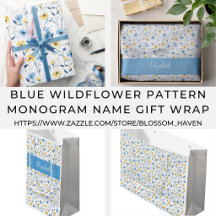 Blue Wildflower Pattern Monogram Name Gift Wrap