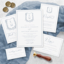 Elegant Dusty Blue Floral Monogram Crest Wedding 