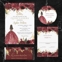 Burgundy Gold Floral Quinceanera Sweet 16 Set