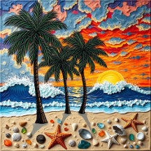 Beautiful Beach Scene with Palm Trees & Sea Glass
