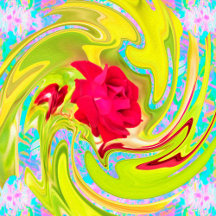 Abstract Red Rose on Yellow and Aqua Swirl