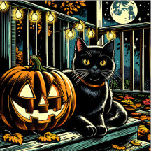 Black Cat on Front Porch and Full Moon Halloween