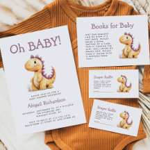 Cute Orange Purple Watercolor Dinosaur Baby Shower