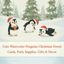 Cute Watercolor Penguins Christmas Collection