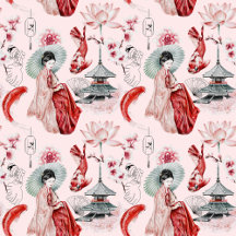 Watercolor Japanese woman Pagoda Lotus Koi Fish