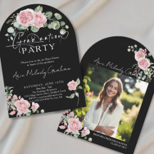 Modern Black Graduation Watercolor Pink Roses