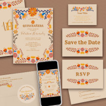Mexican Floral Quinceanera Invitations and Decor