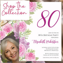 80th Birthday Pink Watercolor Roses Floral Design