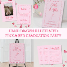 Hand Drawn Illustrated Pink & Red Graduation Party