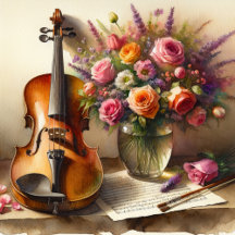 Pretty Watercolor Violin, Sheet Music and Flowers