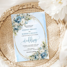 Dusty Blue Flowers Gold Wedding Invitation 217O