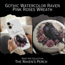 Gothic Watercolor Raven - Pink Roses Wreath