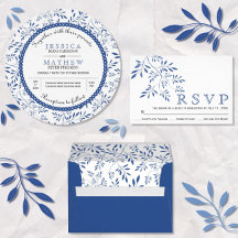 Indigo blue leaves pattern wedding invitations 