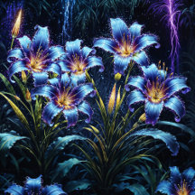 Bioluminescent Lilies Glowing in a Night Garden