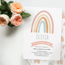 Kids Cute Pink Boho Watercolor Rainbow Birthday