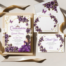 Purple Golden Tiara Roses Butterflies Quinceañera