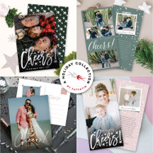TRENDY SCRIPT CHEERS NEW YEAR HOLIDAY PHOTO CARDS 