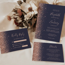 Rose Gold Glitter Script Dark Blue Wedding Suite