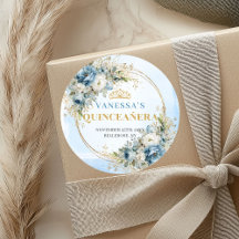 Dusty blue floral gold Quinceañera Stickers 37-15
