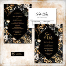 Black and Gold Floral Geometric Wedding Stationery