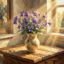 Pretty Vase of Purple Violets and Sunbeams