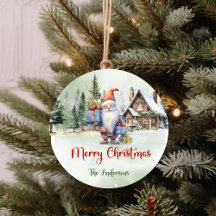 Cute Christmas gnome in winter village with gifts