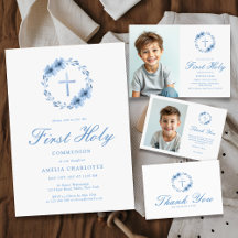 Dusty Blue Floral Cross Religious Stationery