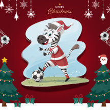 Zebra in Christmas costume and soccer ball