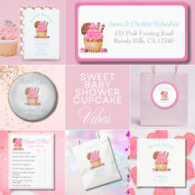 Watercolor Pink Cupcake With Chocolate Baby Shower