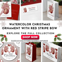 Watercolor Christmas Ornament with Red Stripe Bow