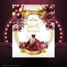 Burgundy Dress Gold Tiara Sweet 16 Backdrops #12BD
