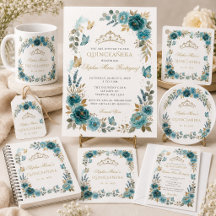 Floral Butterfly Teal Gold Tiara Quinceañera