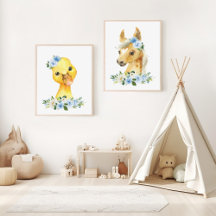Farm Animals, Blue Flowers Nursery Prints